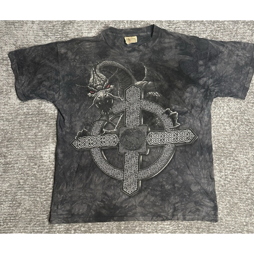 Vintage The Mountain Tie Dye T Shirt Dragon Celtic Cross Knot AOP Men's L Y2K